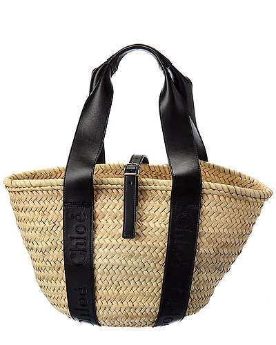 Chloé Sense Medium Raffia & Leather Basket Tote Women 3 Chloé Sense Medium Raffia & Leather Basket Tote Women