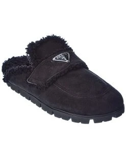 Prada Logo Suede & Shearling Slipper Women