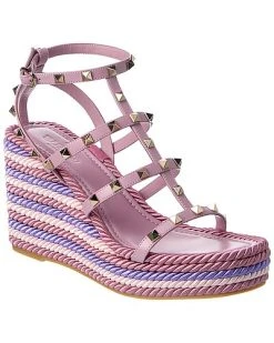 Valentino Rockstud 95 Rope & Leather Wedge Sandal Women