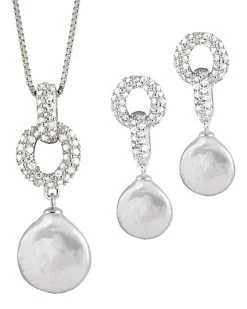 Ver 11-12mm Freshwater Pearl & CZ Drop Earrings & Necklace Set Women