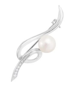 Rhodium Over Silver 8.5-9mm Pearl Brooch Women