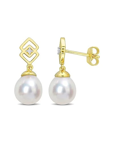 Gold Over Silver White Topaz 8-9mm Pearl Drop Earrings Women 3 Gold Over Silver White Topaz 8-9mm Pearl Drop Earrings Women