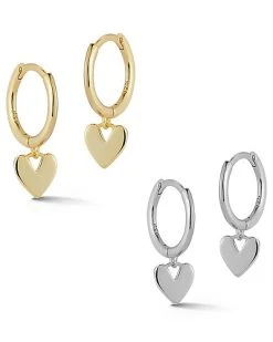Silver CZ Heart Charm Huggie Earrings Set Women