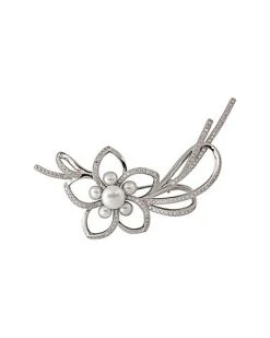 Rhodium Plated Silver 4.5-8.5mm Pearl & CZ Brooch Women