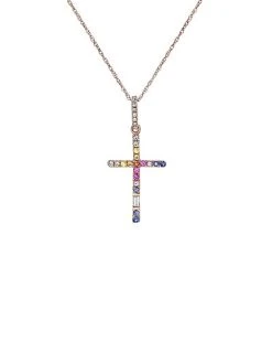 Fine Jewelry 14K Rose Gold 0.25 Ct. Tw. Diamond & Sapphire Cross Pendant Women